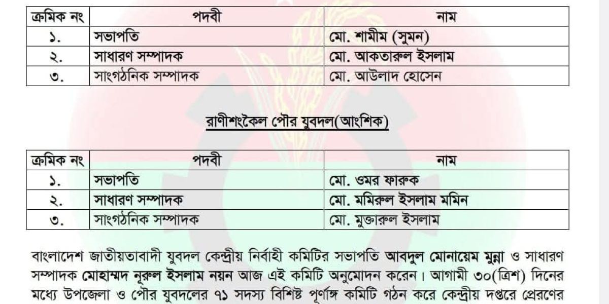 রাণীশংকৈলে উপজেলা ও পৌর যুবদলের আংশিক কমিটি ঘোষণা