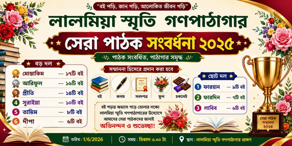নেত্রকোনায় লাল মিয়া স্মৃতি গণপাঠাগারের সেরা পাঠক সম্মাননা ২০২৬..